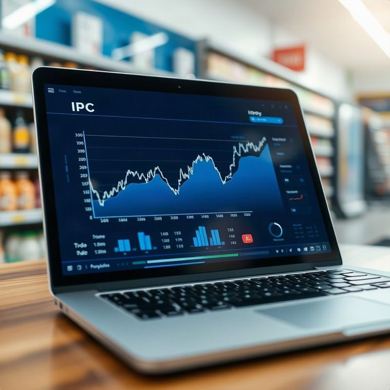 Pantalla con gráfico del IPC en una laptop con estante de supermercado desenfocado al fondo