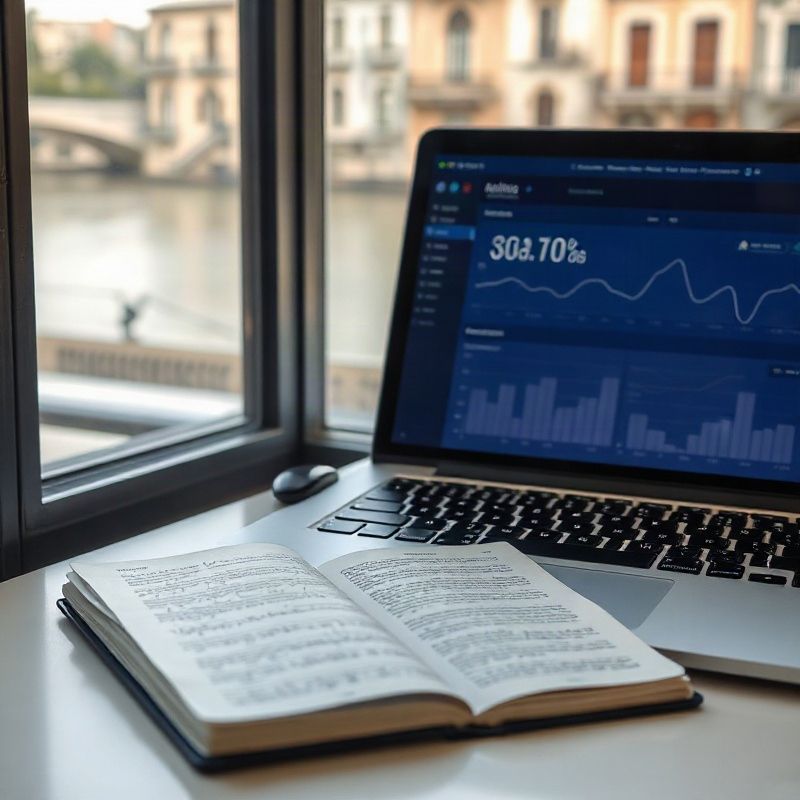 Cuaderno de periodista junto a una laptop con panel de datos